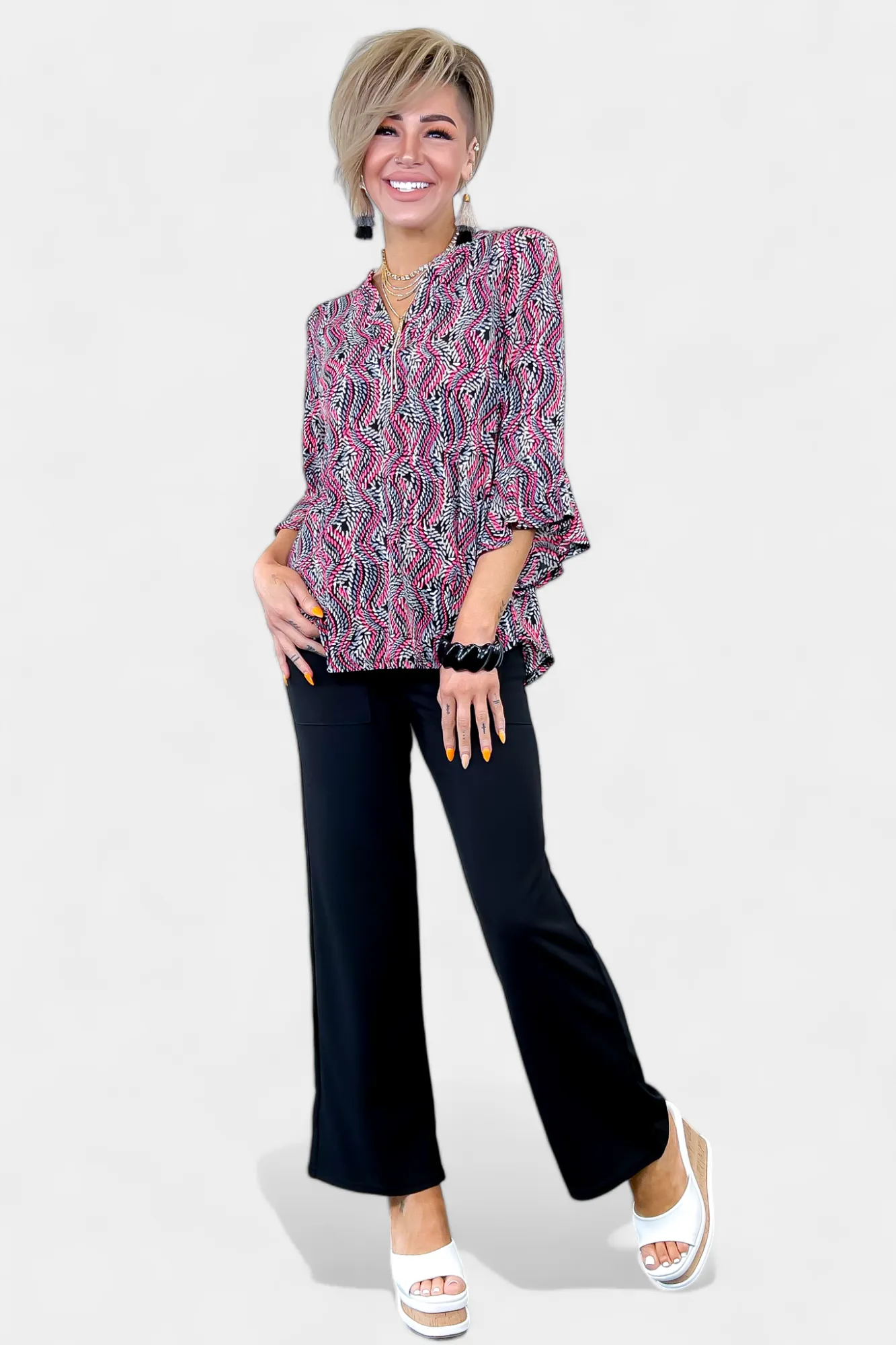 Black Multi Faith Bell Sleeve Top sold by ZZs
