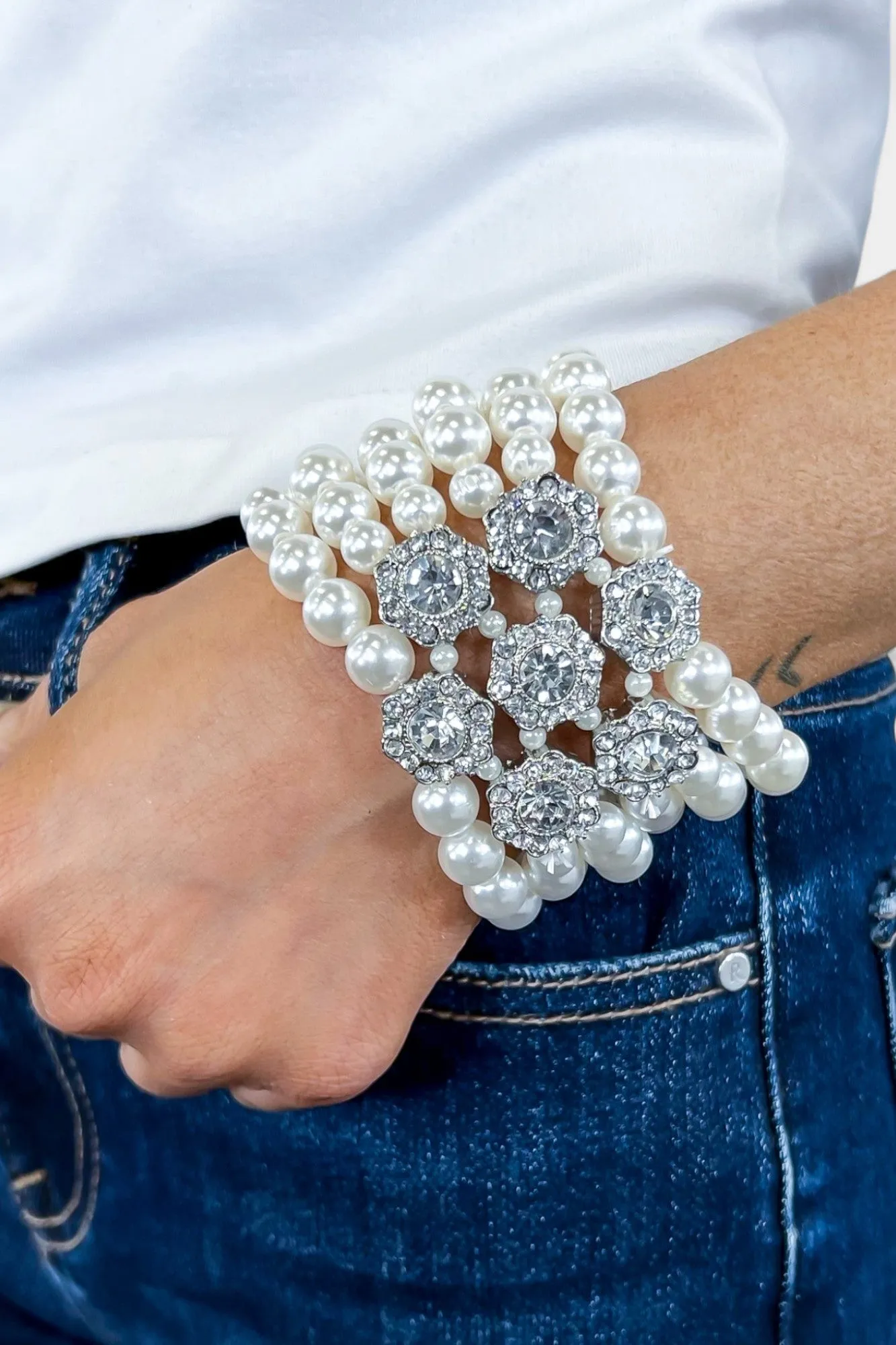 Crystal Flower Pearl Statement Bracelet sold by ZZs product image thumbnail 4