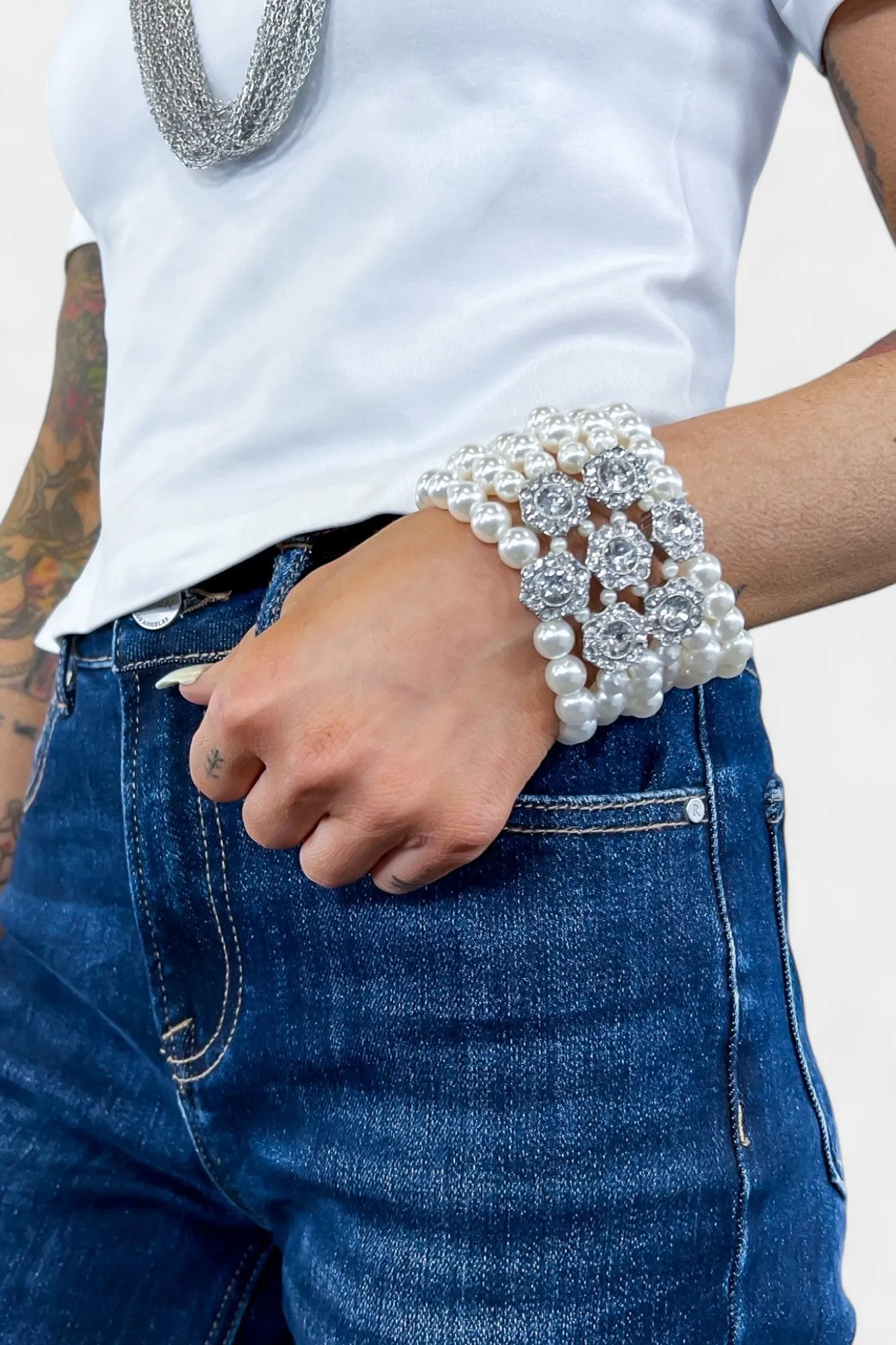 Crystal Flower Pearl Statement Bracelet sold by ZZs product image thumbnail 2