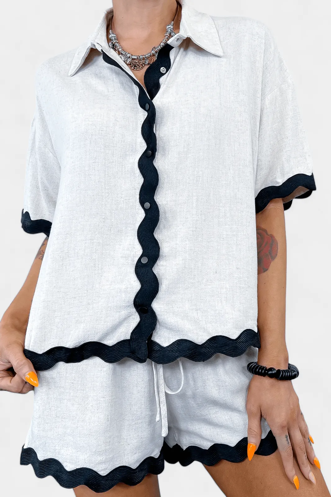 Beige & Black Scalloped Loungewear Set sold by ZZs product image thumbnail 4