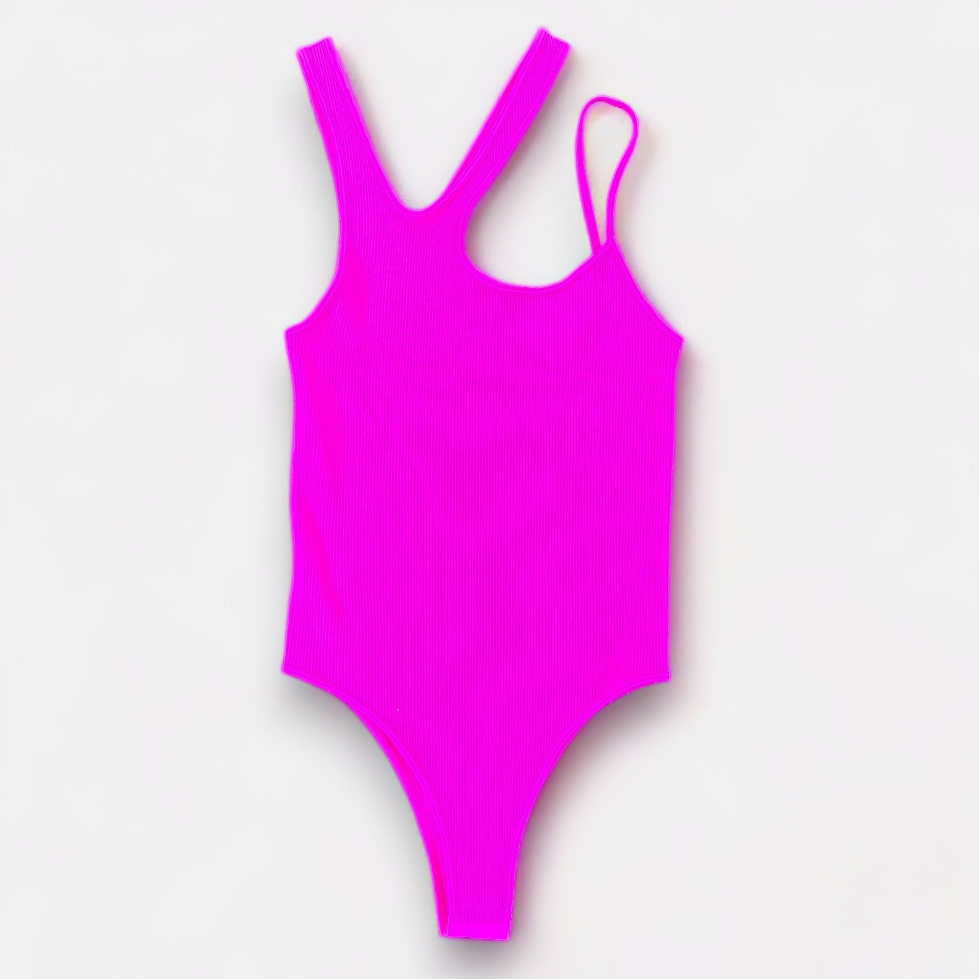 Pink Asymmetric Ribbed Bodysuit sold by ZZs