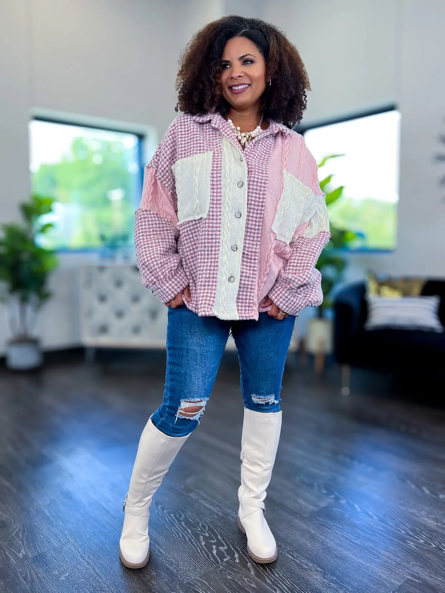 Pink Houndstooth Button Shacket sold by ZZs product image thumbnail 5