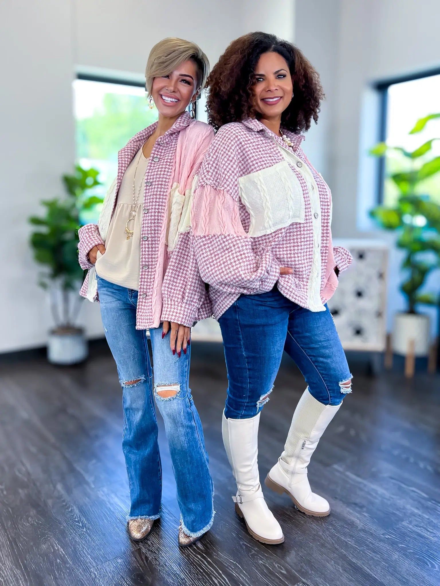 Pink Houndstooth Button Shacket sold by ZZs