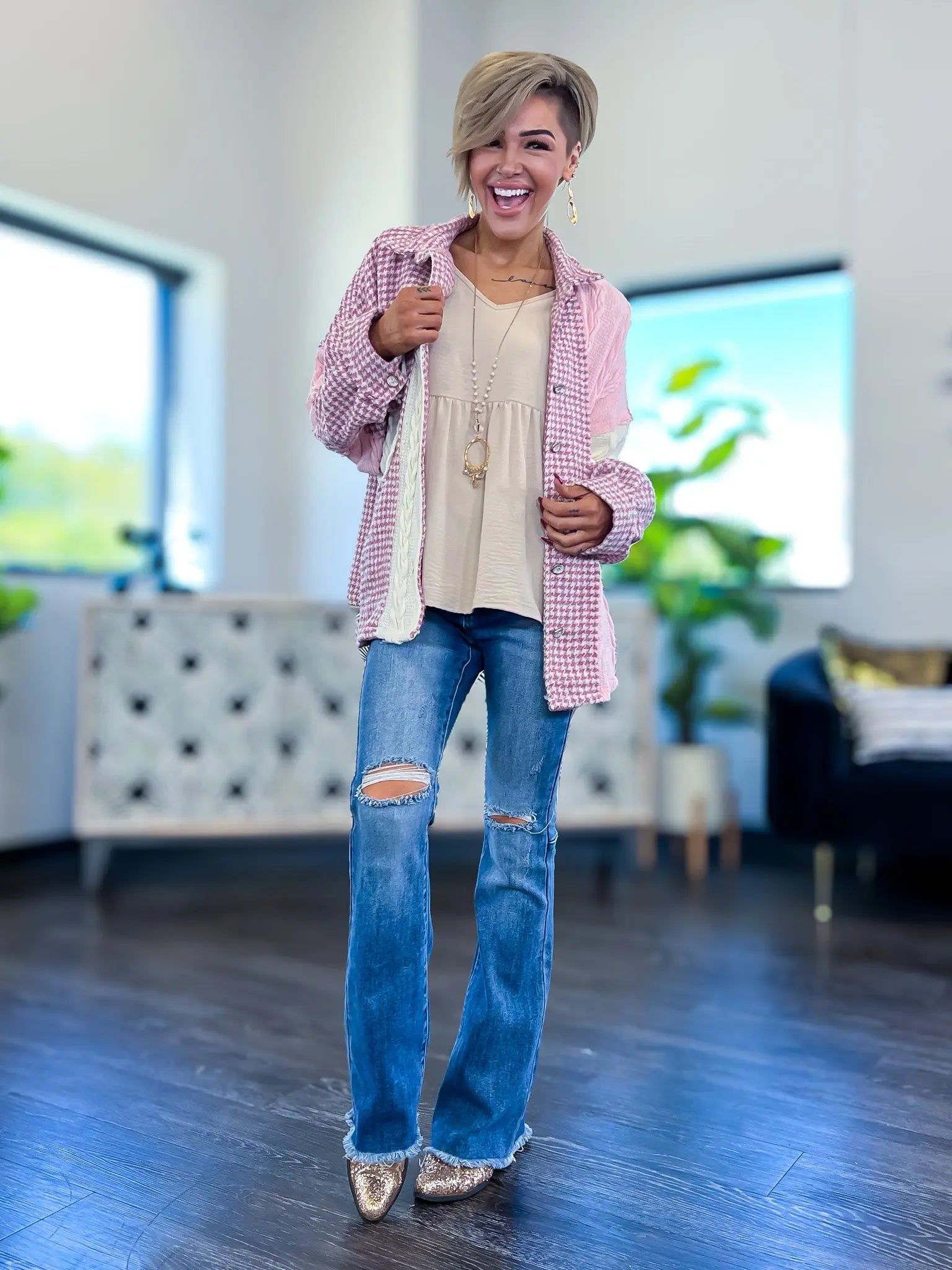 Pink Houndstooth Button Shacket sold by ZZs product image thumbnail 4