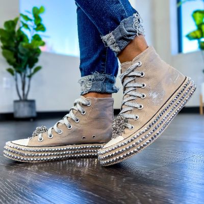 Khaki Embellished High Top Sneakers sold by ZZs