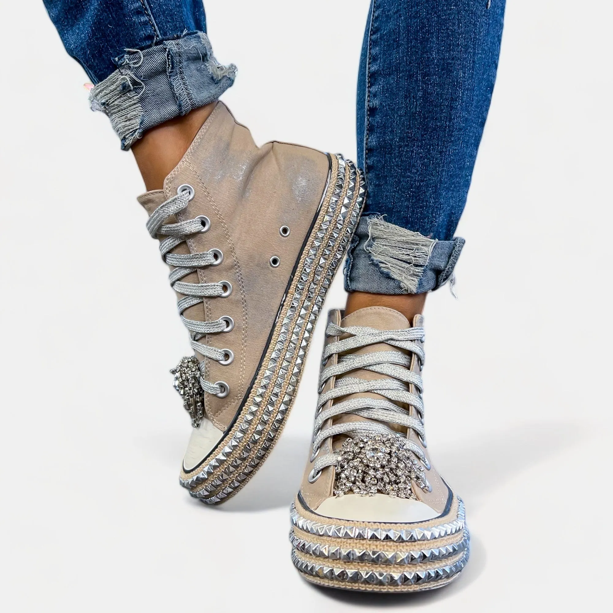 Khaki Embellished High Top Sneakers sold by ZZs product image thumbnail 2