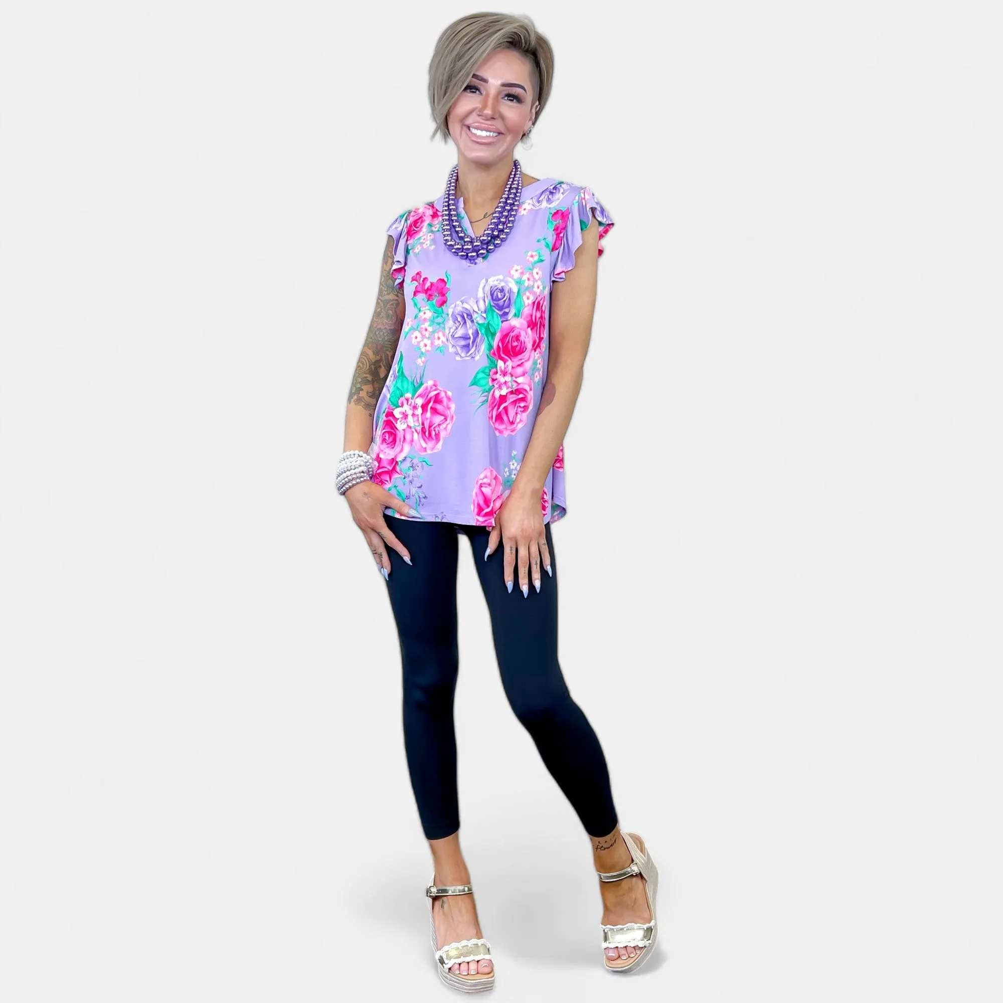 Lavender Floral Lizzy Flutter Sleeve Top sold by ZZs