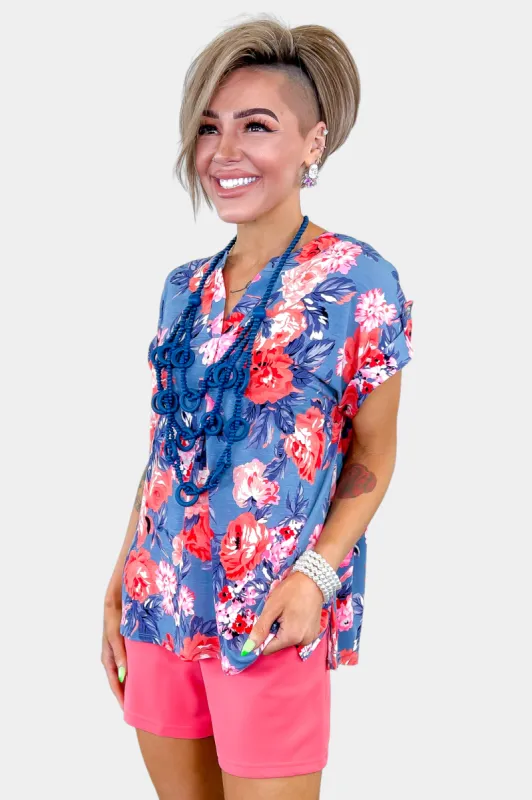 Dusty Blue Floral Lizzy Short Sleeve Top [NO RETURNS] sold by ZZs