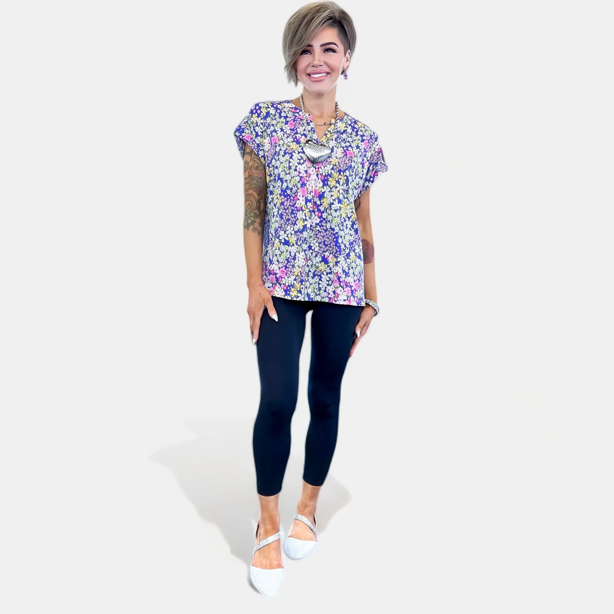 Purple Floral Lizzy Short Sleeve Top sold by ZZs