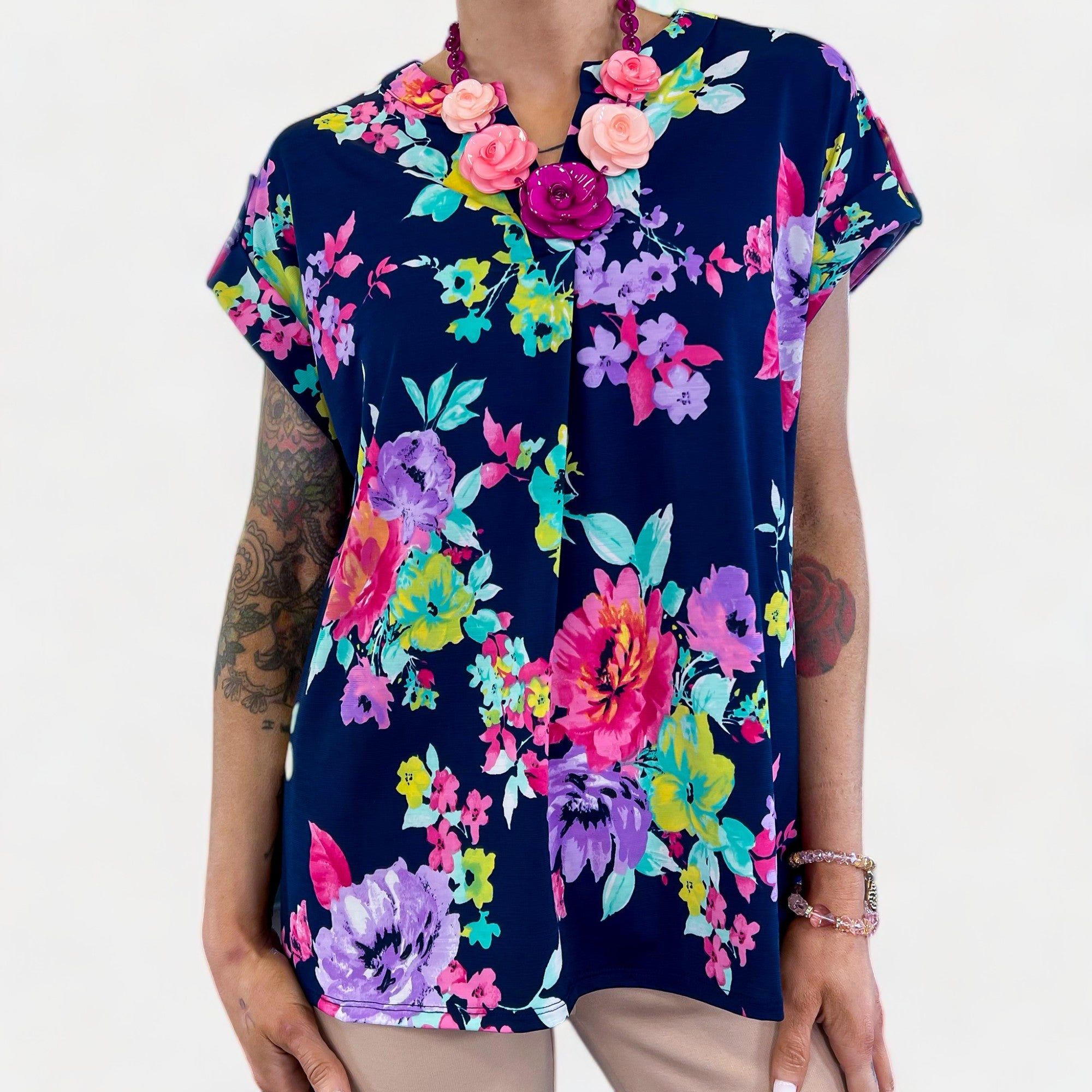 Navy Floral Lizzy Short Sleeve Top sold by ZZs