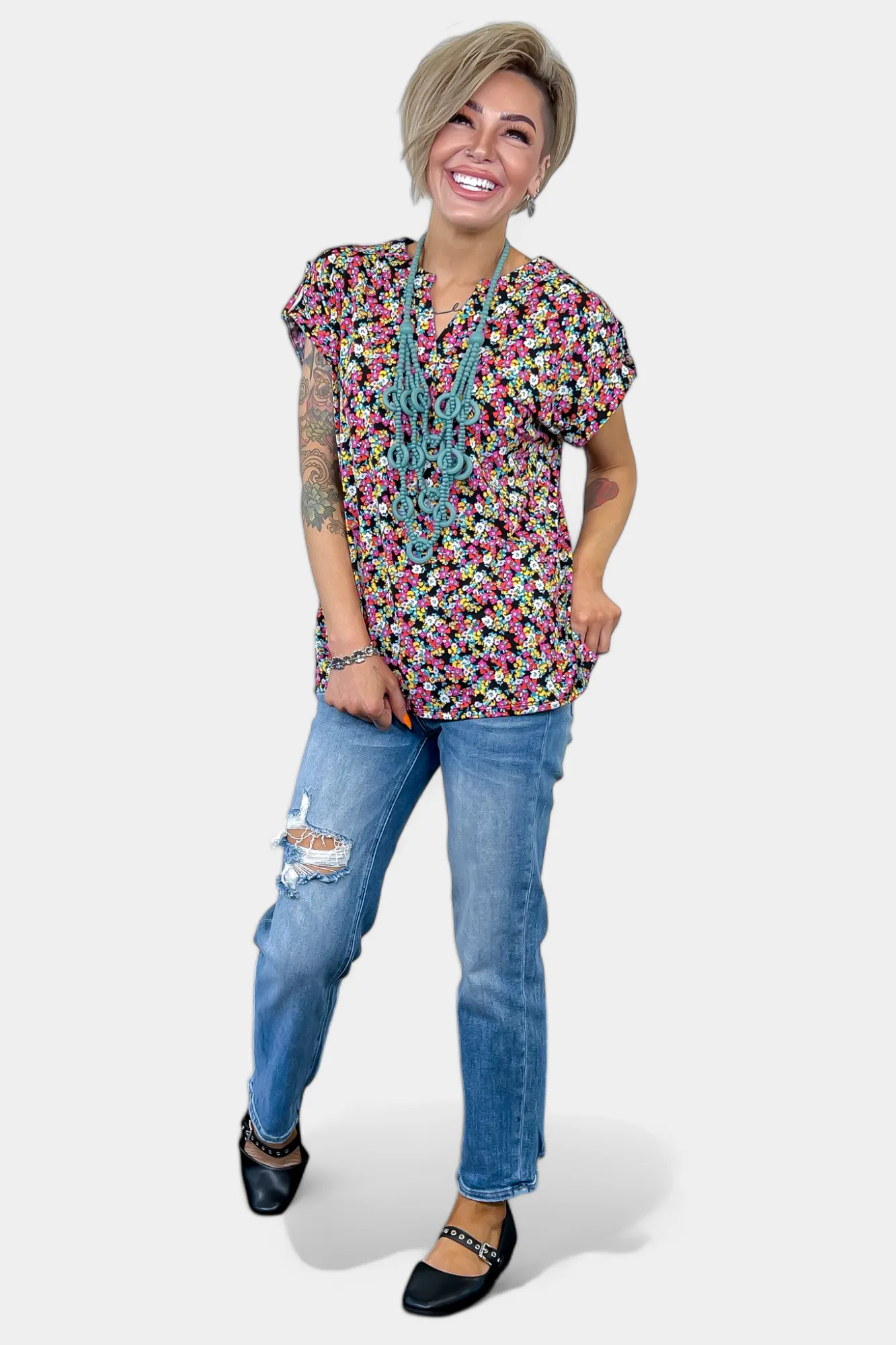 Black Multi Floral Lizzy Short Sleeve Top sold by ZZs product image thumbnail 3