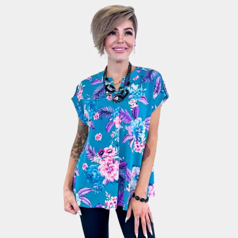Teal Floral Lizzy Short Sleeve Top sold by ZZs