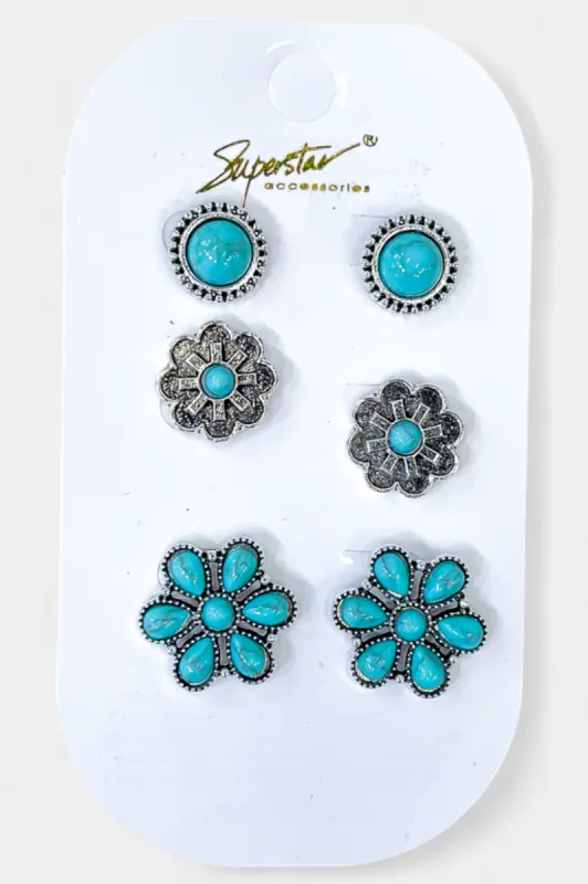 Silver Turquoise Flower Stud Earrings Set sold by ZZs