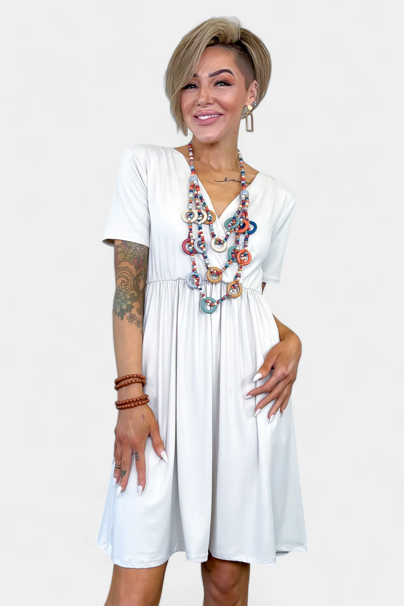 Bone V Neck Short Sleeve Dress sold by ZZs product image thumbnail 2