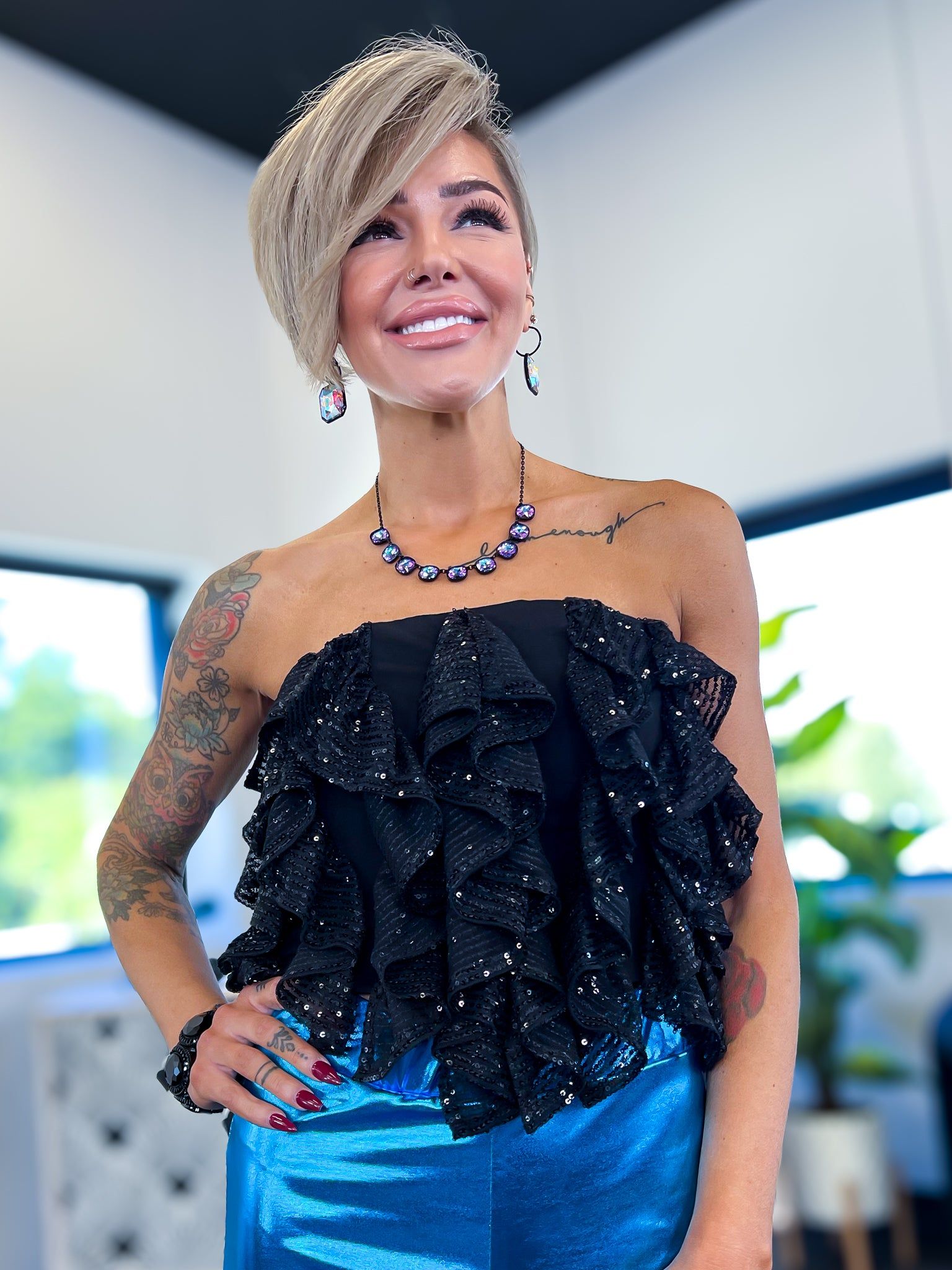 Black Strapless Sequin Ruffle Top sold by ZZs