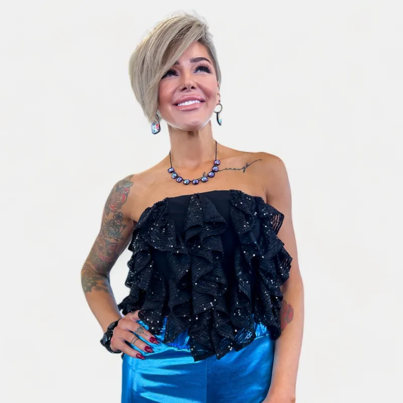 Black Strapless Sequin Ruffle Top sold by ZZs