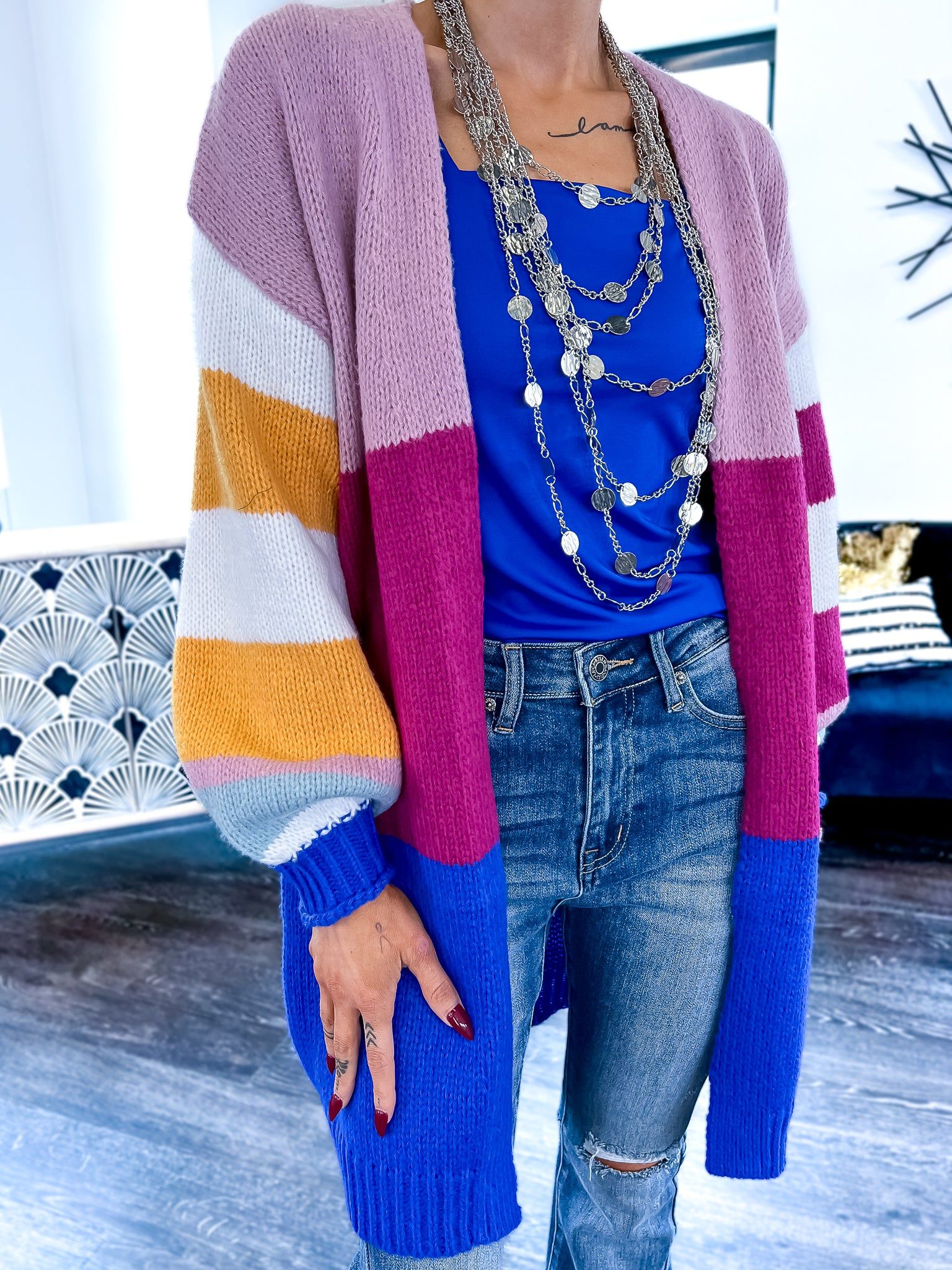 Lavender Colorblock Oversized Cardigan sold by ZZs