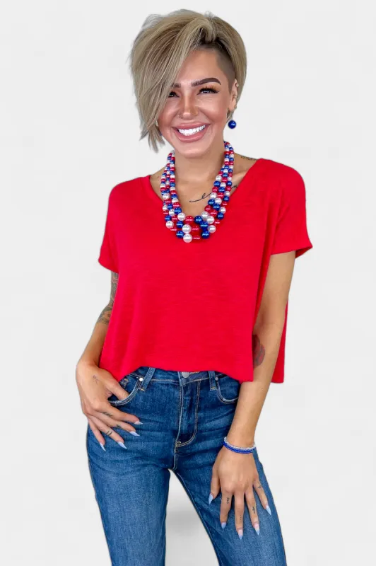 Red V Neck Short Sleeve Crop Top sold by ZZs