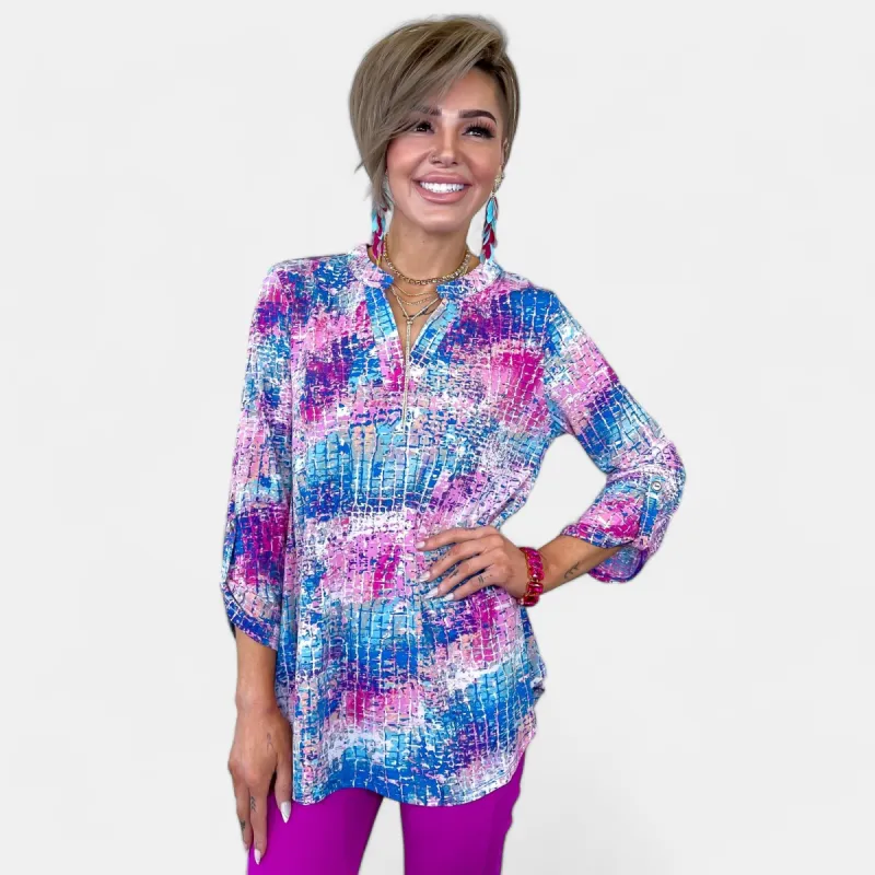 Blue Multi Abstract Checkered Lizzy Top sold by ZZs