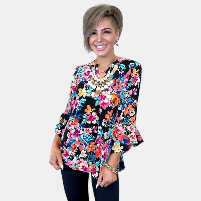 Black Floral Faith Bell Sleeve Top sold by ZZs