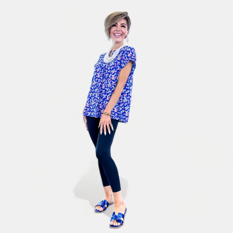 Royal Floral Lizzy Short Sleeve Top sold by ZZs