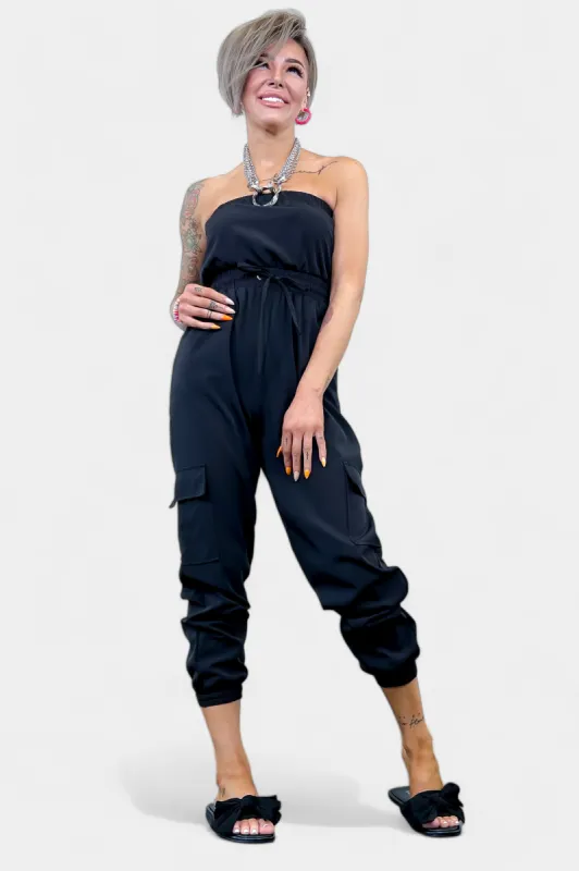 Black Strapless Jogger Jumpsuit sold by ZZs