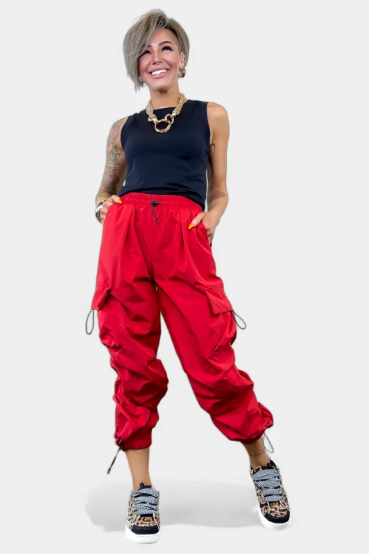 Red Parachute Cargo Jogger Pants sold by ZZs