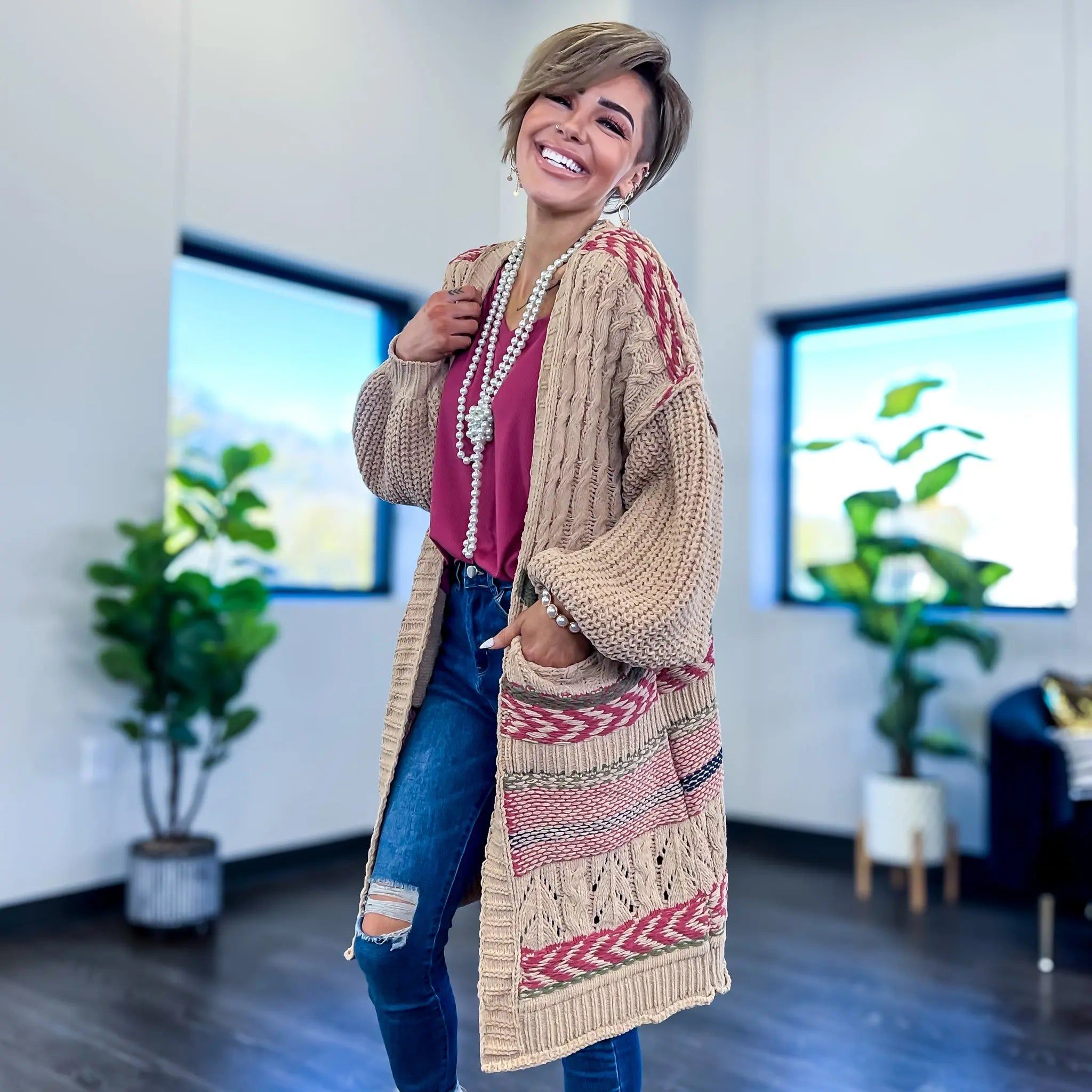 Latte Mixed Pattern Cardigan sold by ZZs