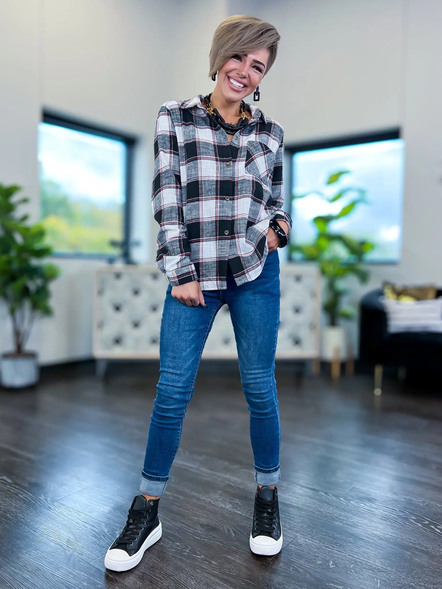 Black Plaid Shacket sold by ZZs