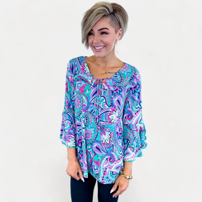 Emerald Multi Paisley Bell Sleeve Top sold by ZZs