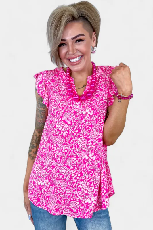 Hot Pink Paisley Lizzy Flutter Sleeve Top sold by ZZs