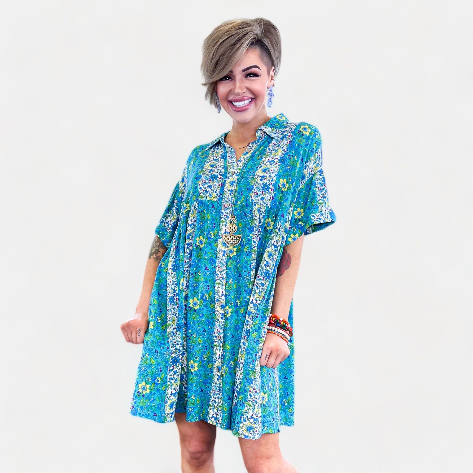 Blue Floral Button Down Shirt Dress sold by ZZs product image thumbnail 2
