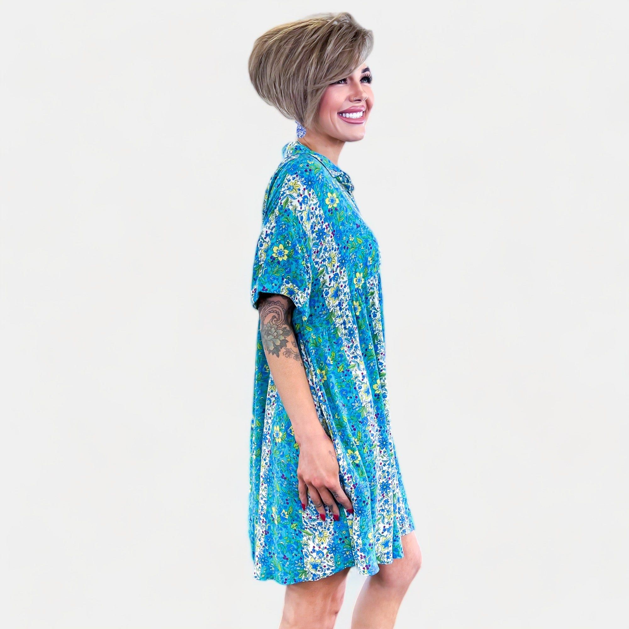Blue Floral Button Down Shirt Dress sold by ZZs product image thumbnail 4
