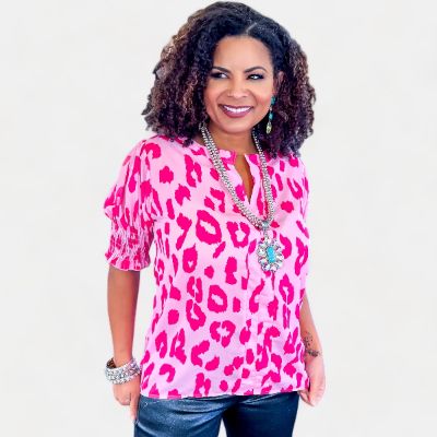 Pink Leopard V-Neck Top sold by ZZs