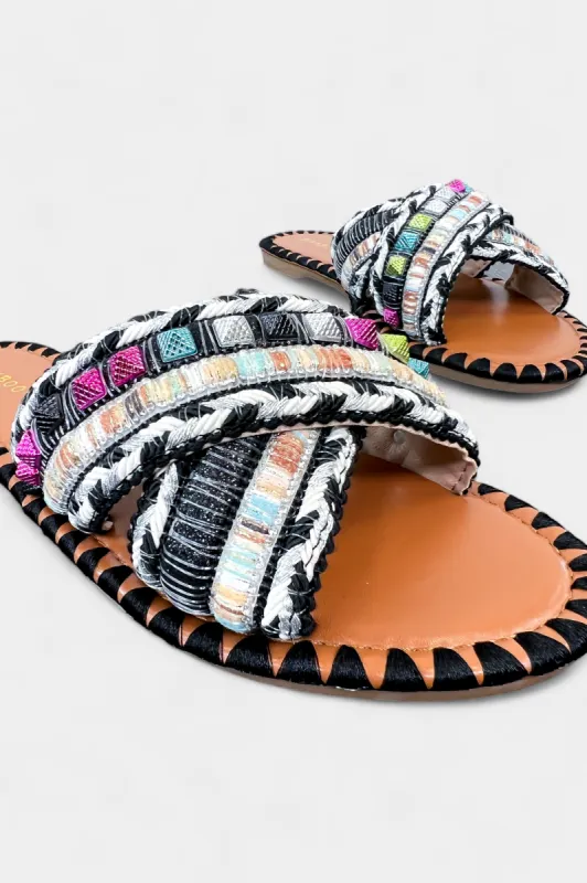 Black Multi Studded Slip On Sandals sold by ZZs