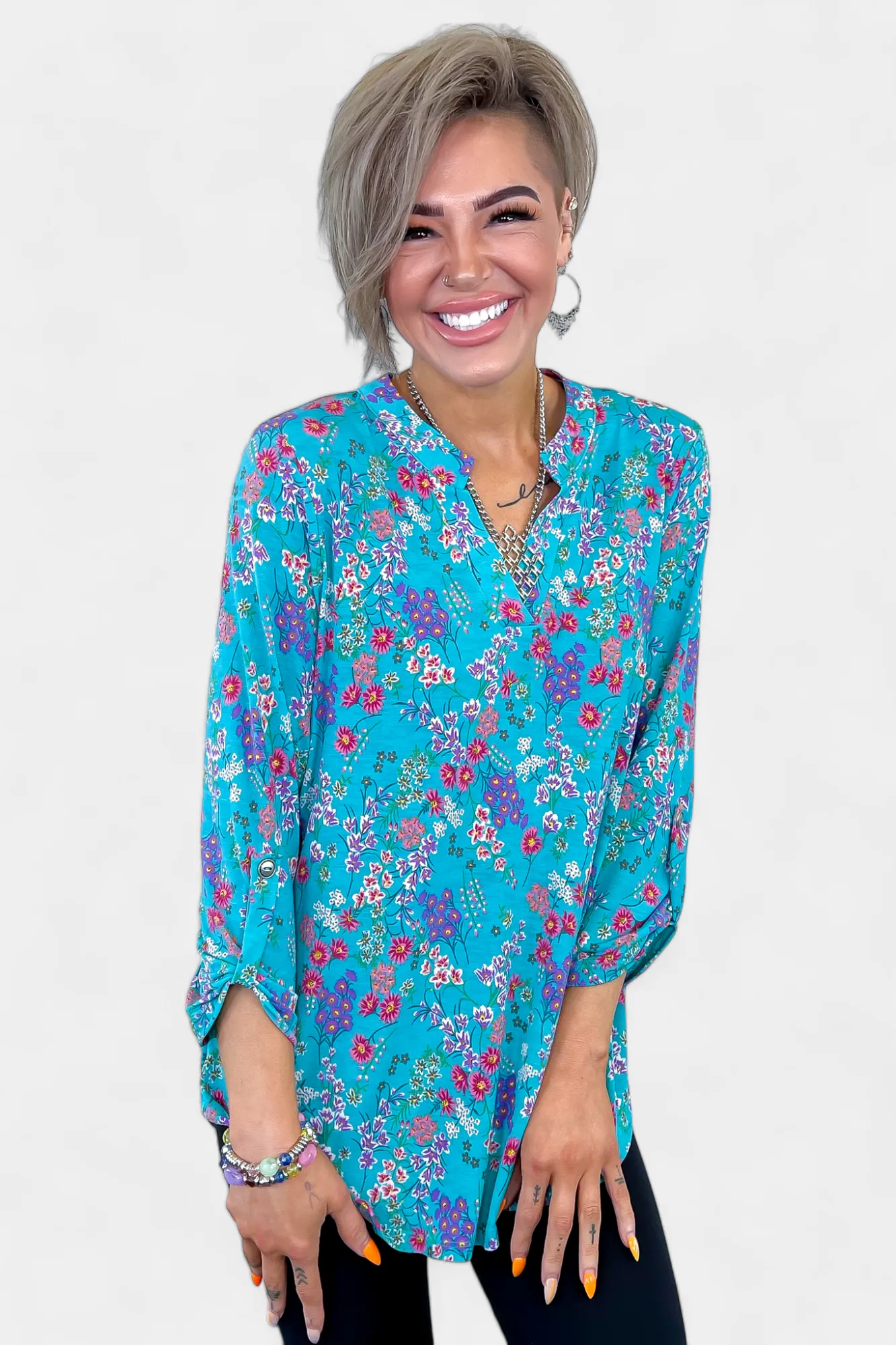 Turquoise Multi Floral Lizzy Top sold by ZZs