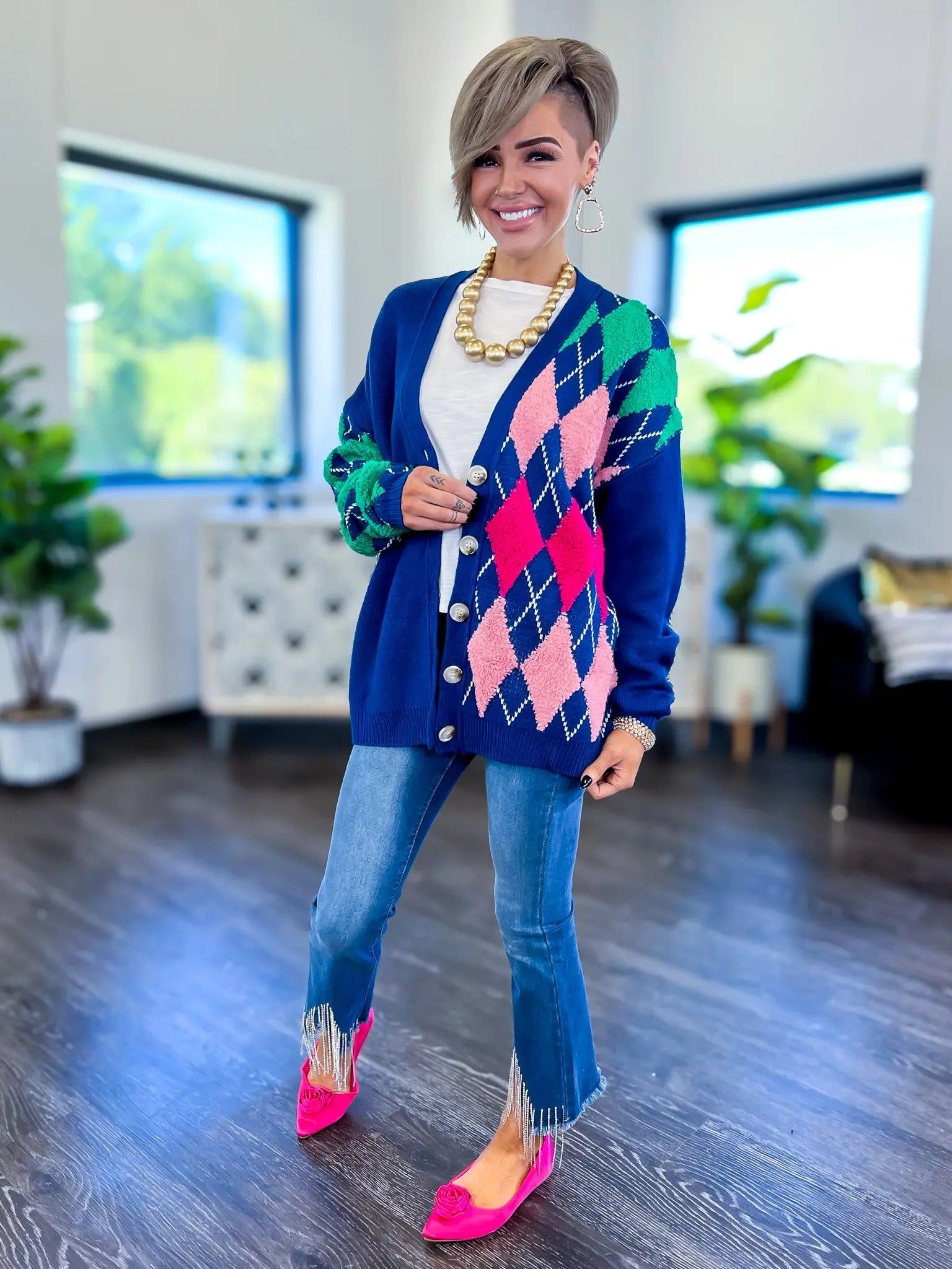 Blue Argyle Oversized Cardigan sold by ZZs