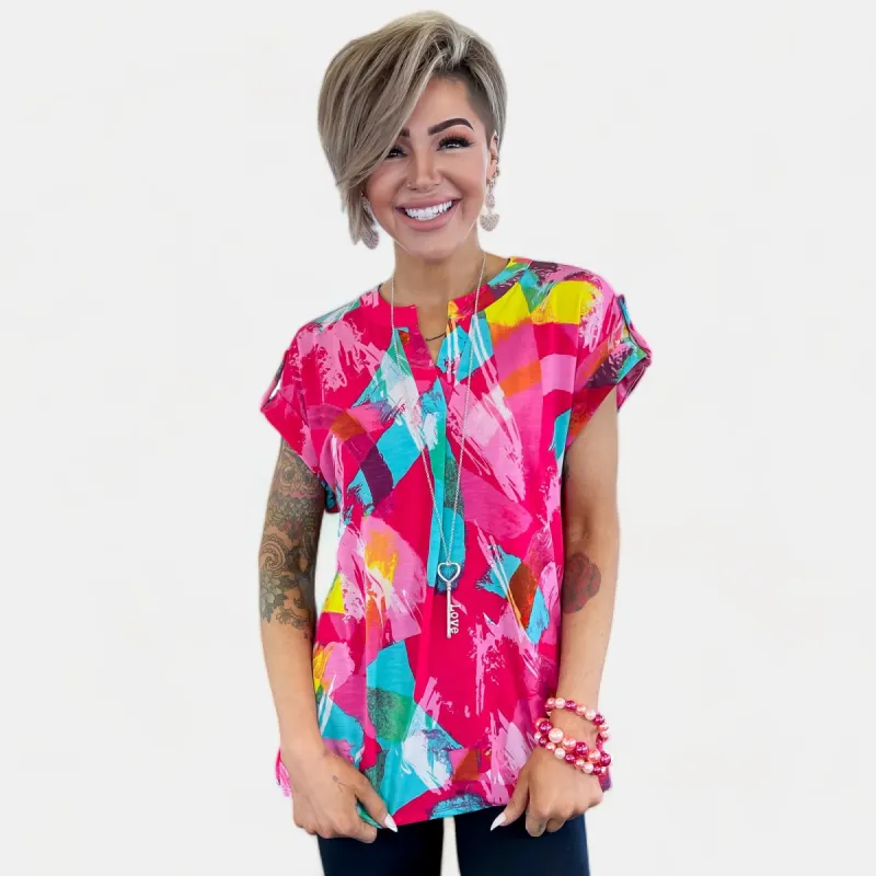 Coral Multi Abstract Lizzy Short Sleeve Top [NO RETURNS] sold by ZZs