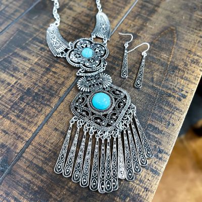 Turquoise Filigree Tassel Statement Necklace Set sold by ZZs
