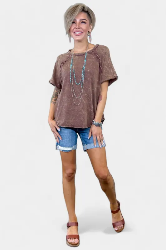 Brown Acid Wash Raglan Sleeve T-Shirt sold by ZZs