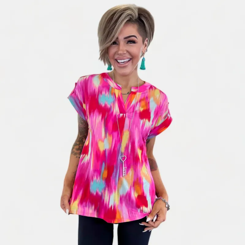 Hot Pink Abstract Lizzy Short Sleeve Top [NO RETURNS] sold by ZZs