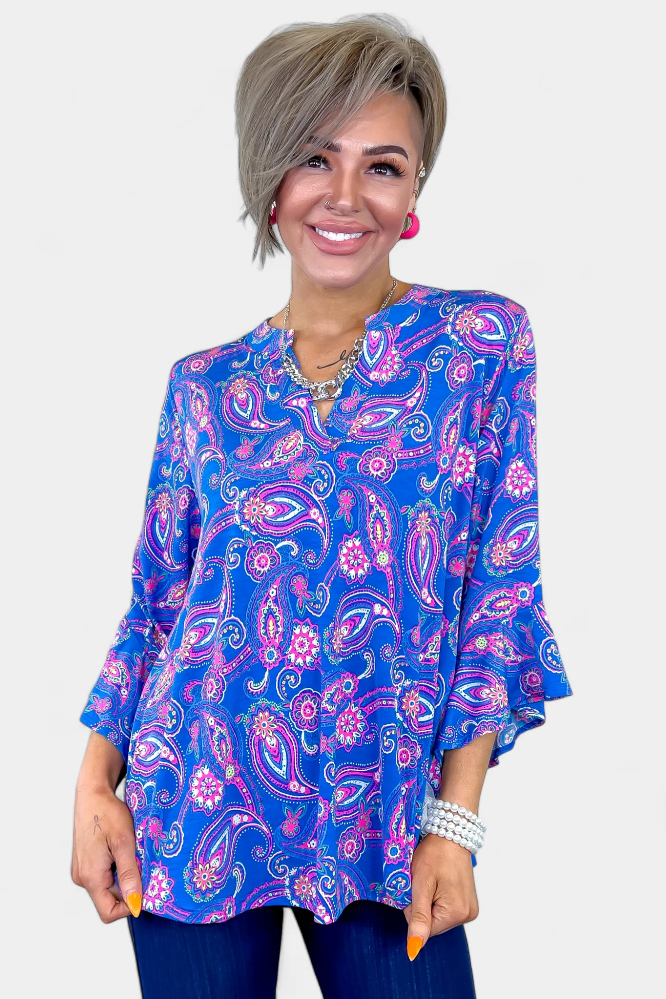 Royal Paisley Faith Bell Sleeve Top sold by ZZs