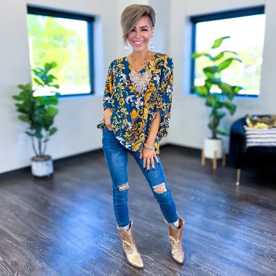 Teal Damask Top sold by ZZs