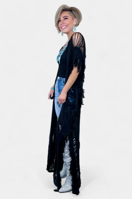 Black Hollow Fringe Cardigan sold by ZZs