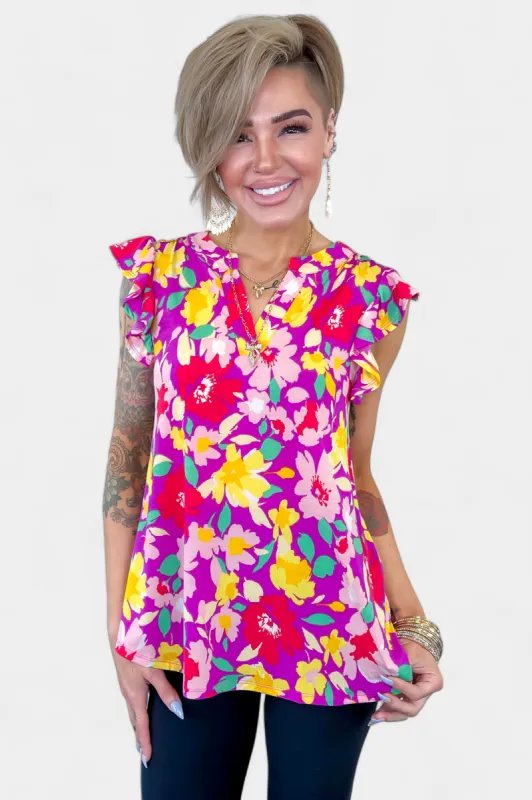 Magenta Floral Lizzy Flutter Sleeve Top [NO RETURNS] sold by ZZs