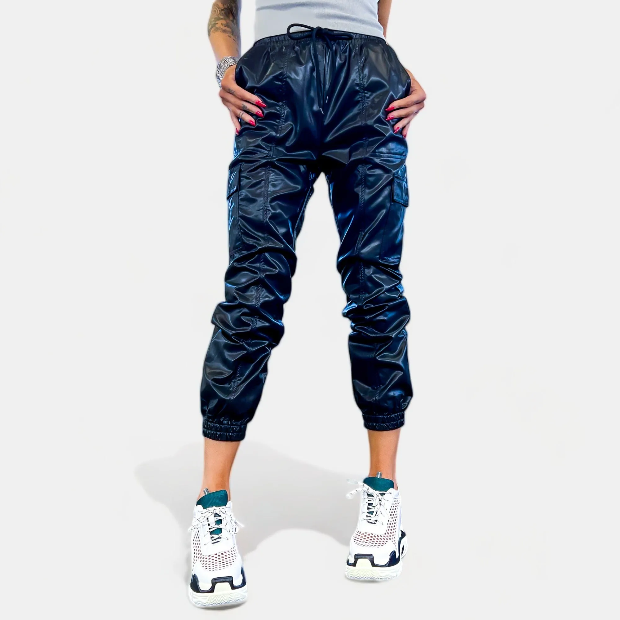 Black Faux Leather Cargo Pants sold by ZZs