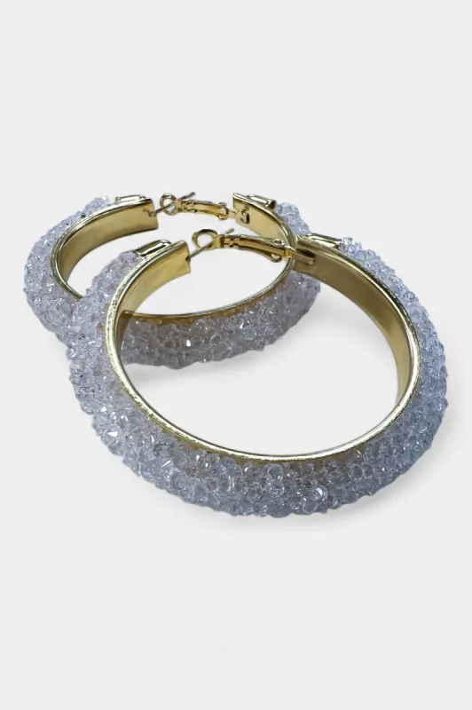 Gold & White Rhinestone Crystal Hoop Earrings sold by ZZs