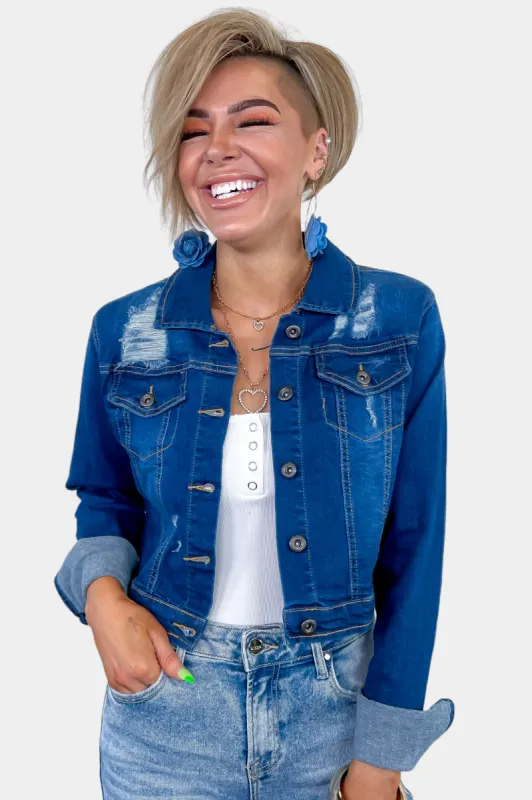 Distressed Stretch Crop Denim Jacket sold by ZZs