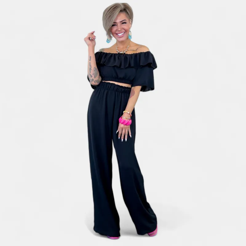 Black Ruffled Crop Top & Palazzo Pant Set sold by ZZs