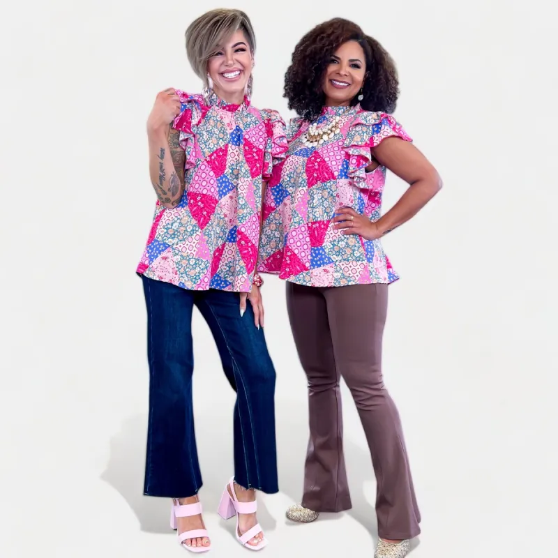 Pink & Blue Patchwork Ruffle Top sold by ZZs